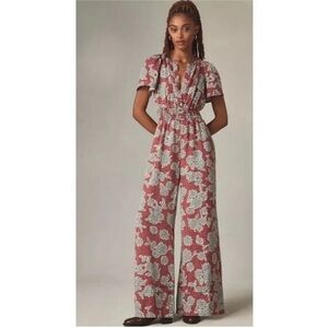 Anthropologie The Somerset Jumpsuit Dusty Pink Floral Short-Sleeve Wide-Leg
